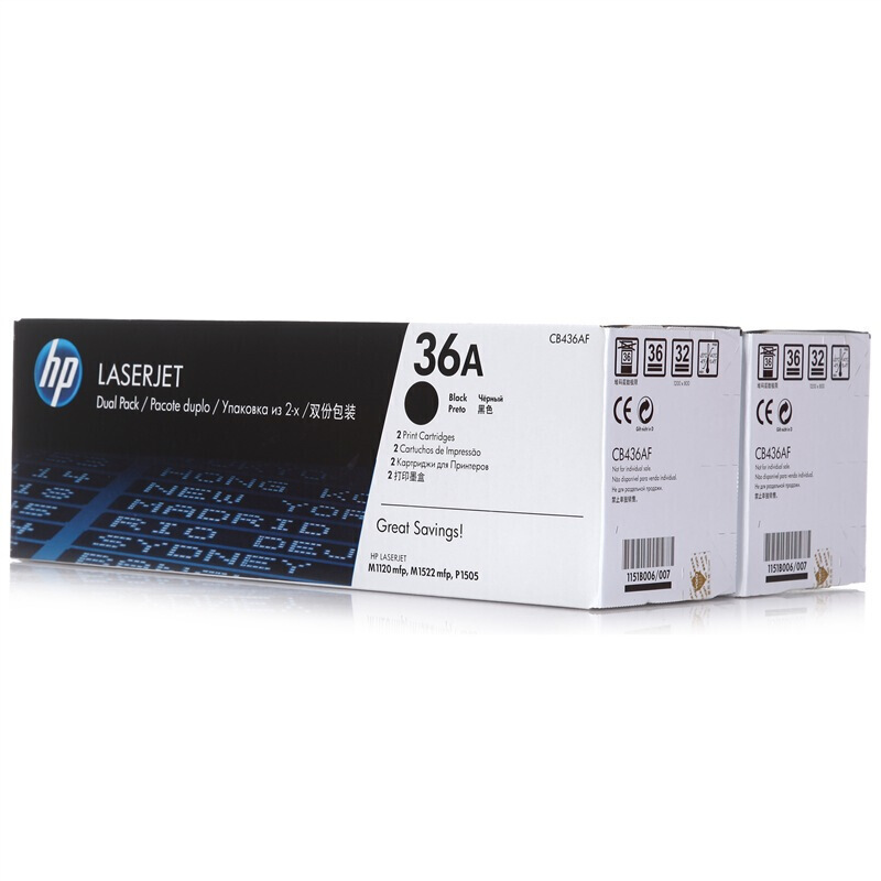 惠普 CB436AF 硒鼓 36A 黑色 2个/套 2,000页×2 适用P1505系列/M1120/M1522MFP系列按套销售 惠普 CB436AF 硒鼓 36A 黑色 2个/套 2,000页×2 适用P1505系列/M1120/M1522MFP系列按套销售