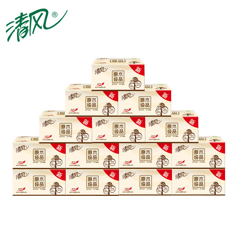 清风 B338C2/B338C3/B338C3N 原木纯品系列2层200抽长幅盒装面纸 3盒/提 12提/箱 (升级型号 新老包装随机发货)按提销售