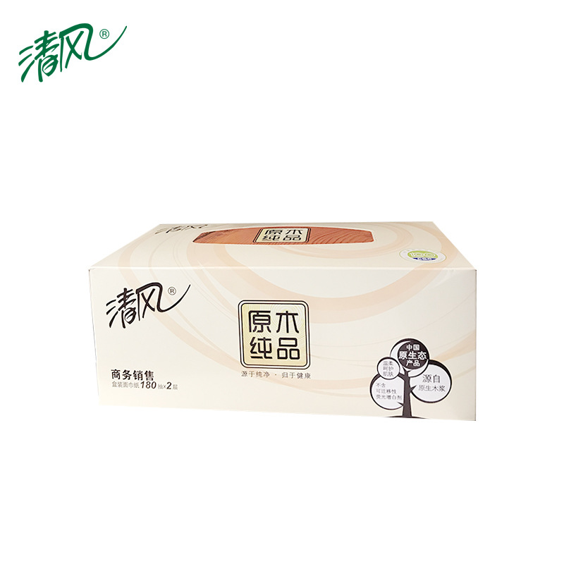 清风 B339A18 原木纯品双层180抽盒装面巾纸 3盒/提 12提/箱按（提）销售