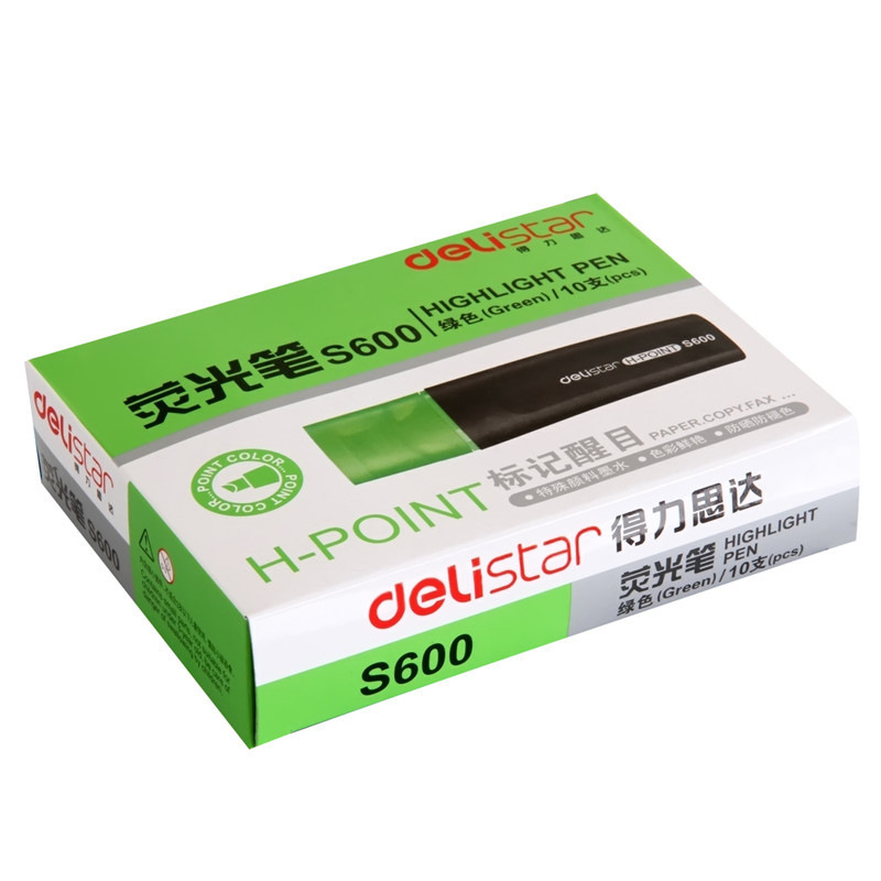 得力 S600 标记醒目荧光笔 5mm 绿色 10支/盒按盒销售