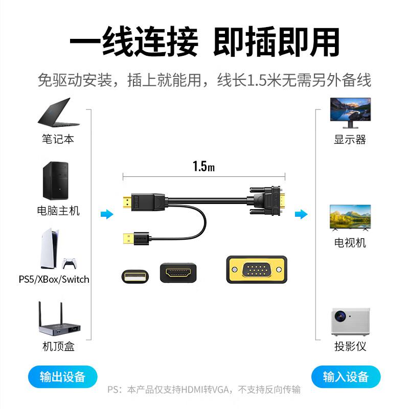 绿联 30449 转换线 1.5米 黑色 HDMI转VGA圆线按根销售