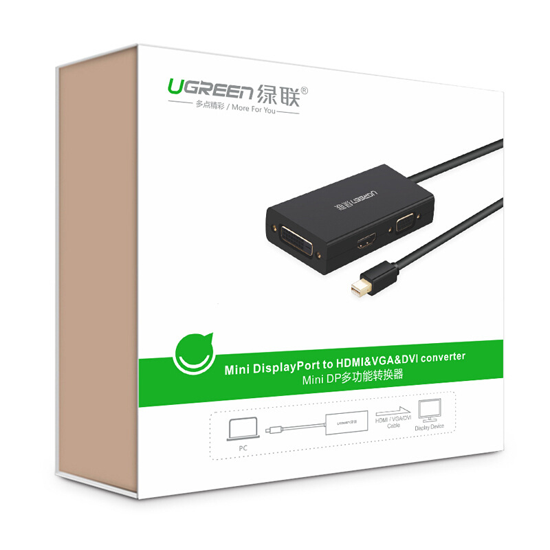 绿联 20418 一转三转换器 Mini Dp转HDMI/VGA/DVI 黑色按个销售