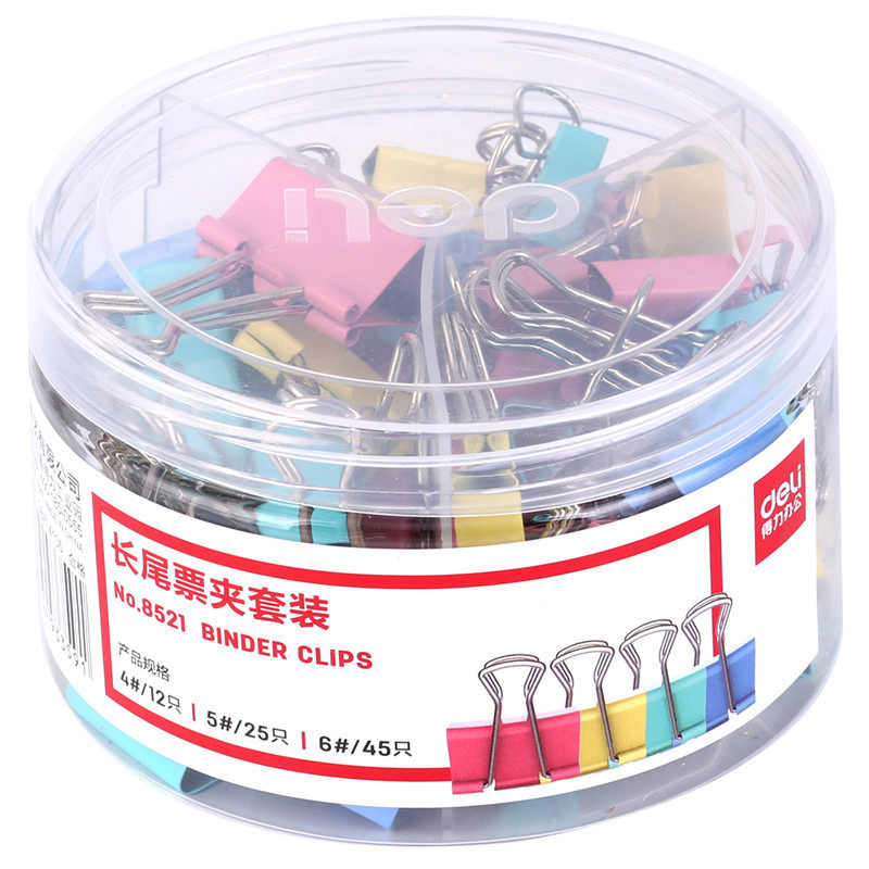 得力 8521 长尾票夹套装 (25mm*12只 19mm*25只 15mm*45只) 混色 82只/筒按筒销售
