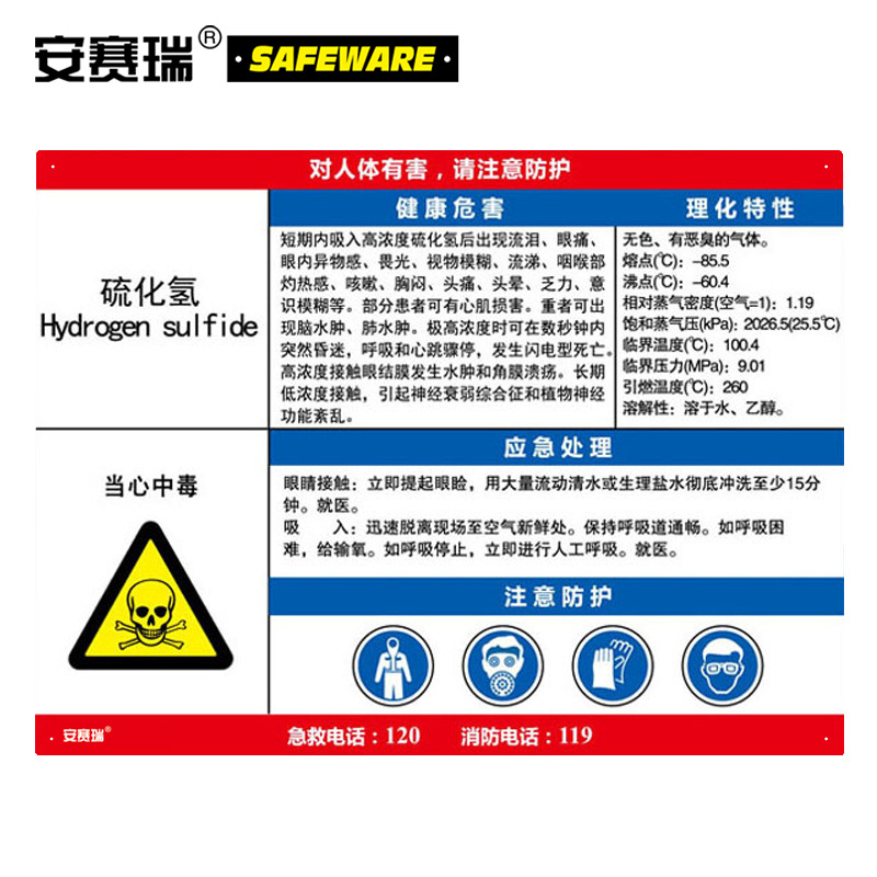 安赛瑞 14603 职业病危害安全周知卡（硫化氢）ABS600*450mm 彩色按（张）销售
