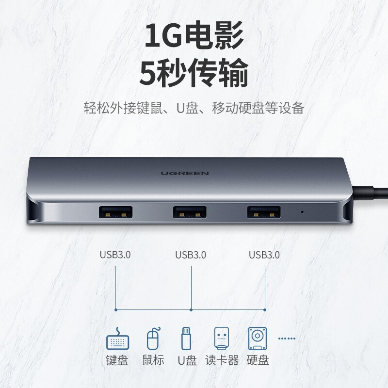 绿联 70490 Type-C多功能扩展坞9合1 4K款 深空灰按（个）销售