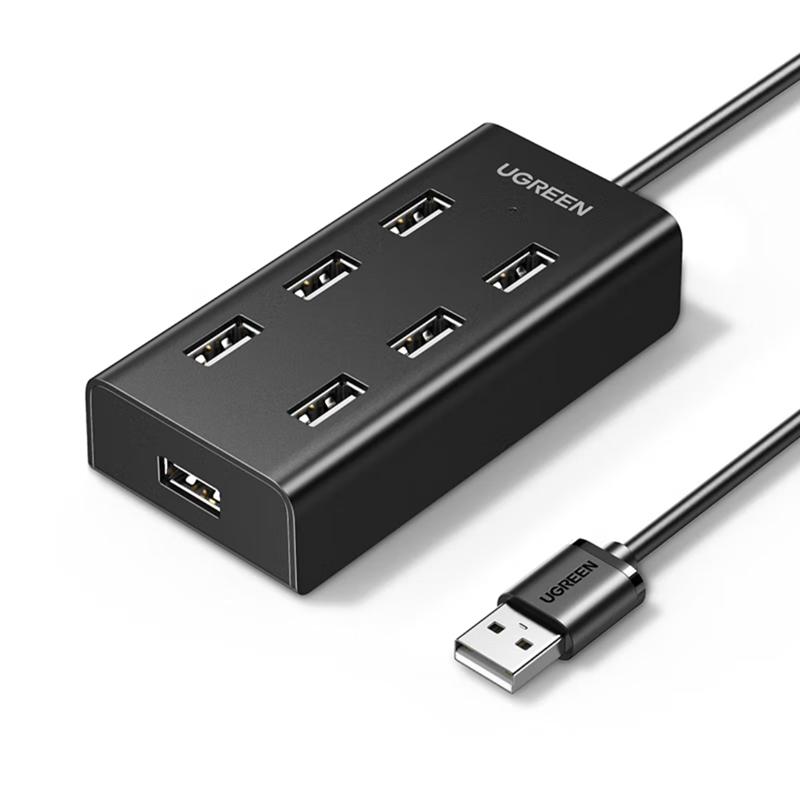 绿联 30372 USB分线器 高速拓展7口2.0HUB集线器延长线 一拖七多接口转换器带供电口 0.5米 黑色按个销售