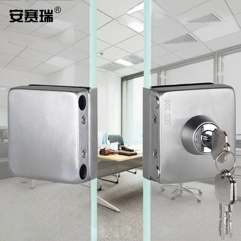 安赛瑞 460095 玻璃门锁 免开孔304不锈钢双门 603方形双开门不带反锁按把销售