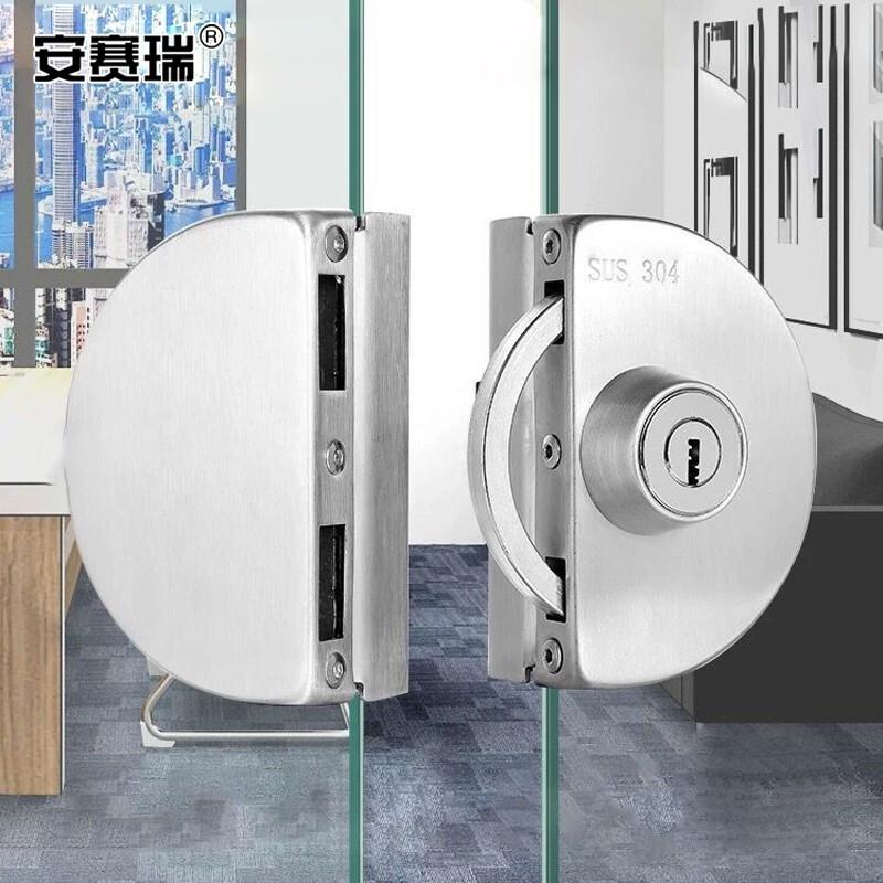 安赛瑞 460091 玻璃门锁 免开孔304不锈钢移门防盗锁具玻璃锁 半圆-双开门-不带反锁【803】按（个）销售
