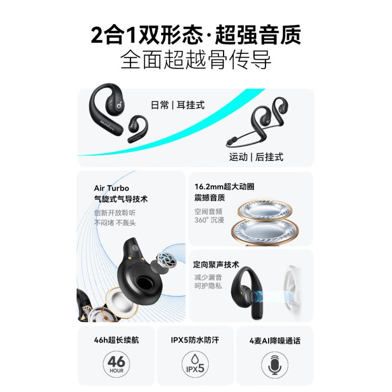 声阔 A3871 AeroFit Pro飞跃线2合1不入耳蓝牙耳机 79.56*65.27*24.24mm 机能黑按副销售