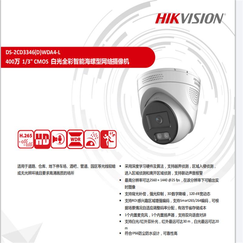 海康威视 DS-2CD3346WDA4-L(4mm) 智能海螺型网络摄像机 400万 1/3 CMOS 白光全彩按（个）销售