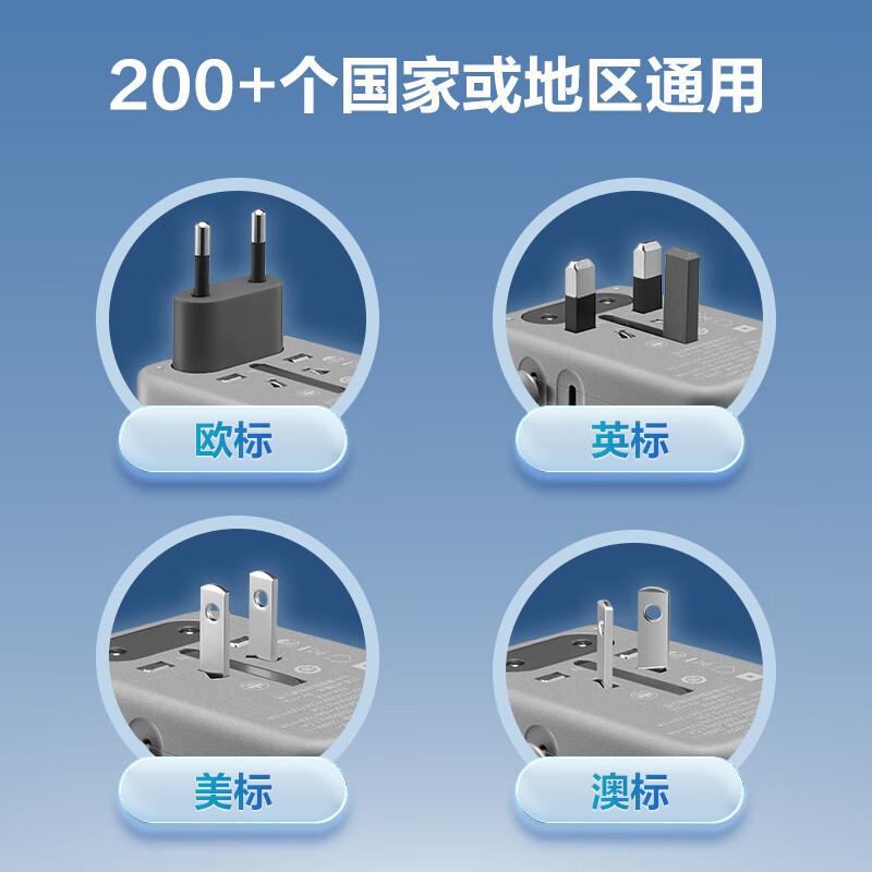 公牛 GN-L10U67 环球旅行USB转换器 无线 【C口67W】 灰色 转换插头国外欧标美标澳标英标适用多个国家地区整体式多国旅行转换器按个销售