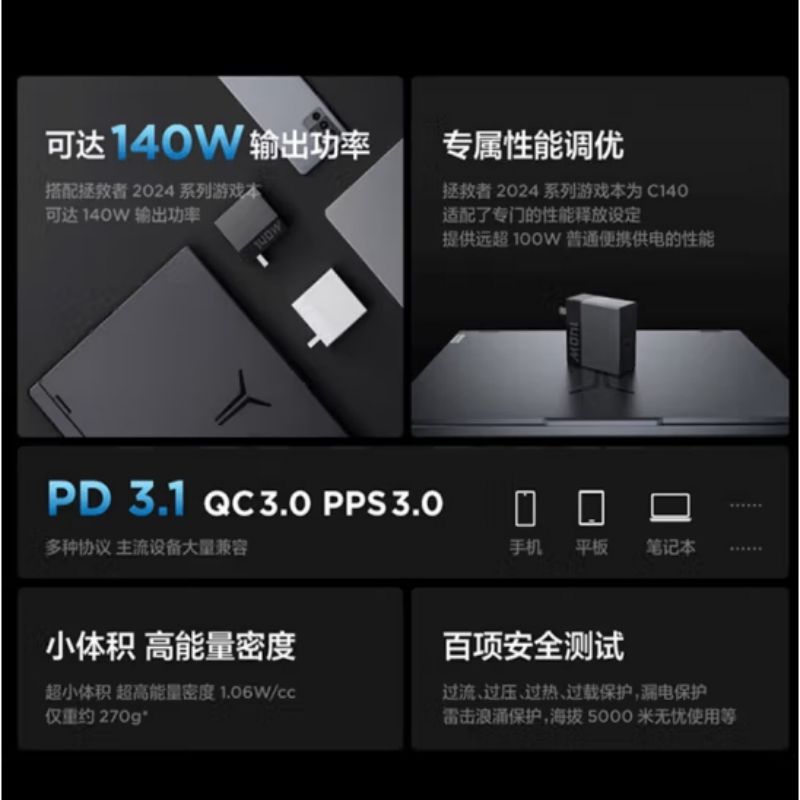 联想 拯救者电源 氮化镓 笔记本电源适配器 多设备兼容电脑充电器 拯救者140W适配器2024按个销售