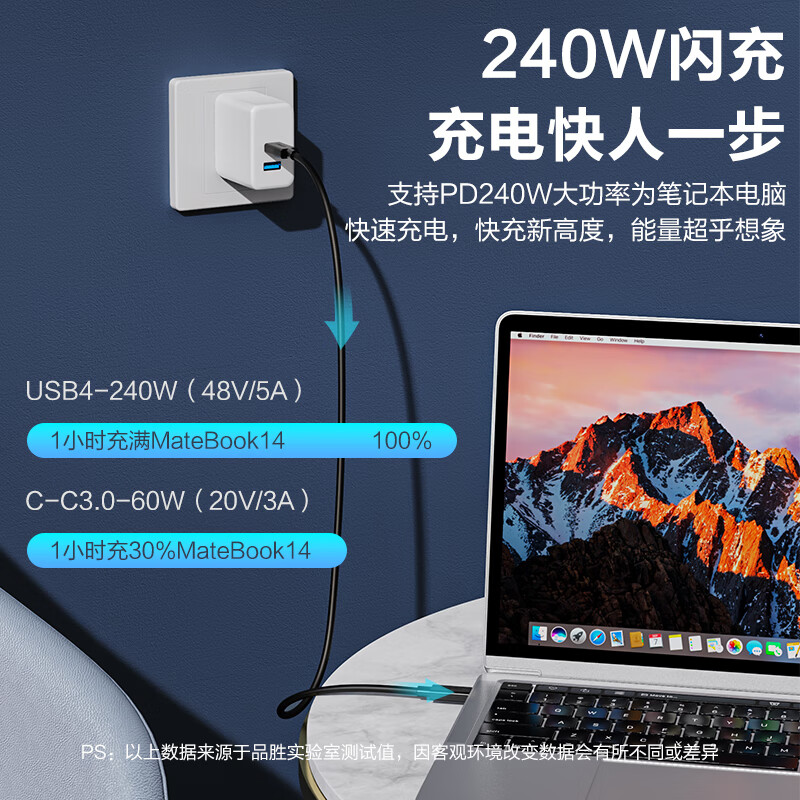 品胜 NJ-TC34 USB4全功能Type-c数据线 兼容雷电4/3 适用苹果15华为笔记本 40G传输240W快充8K高清按根销售