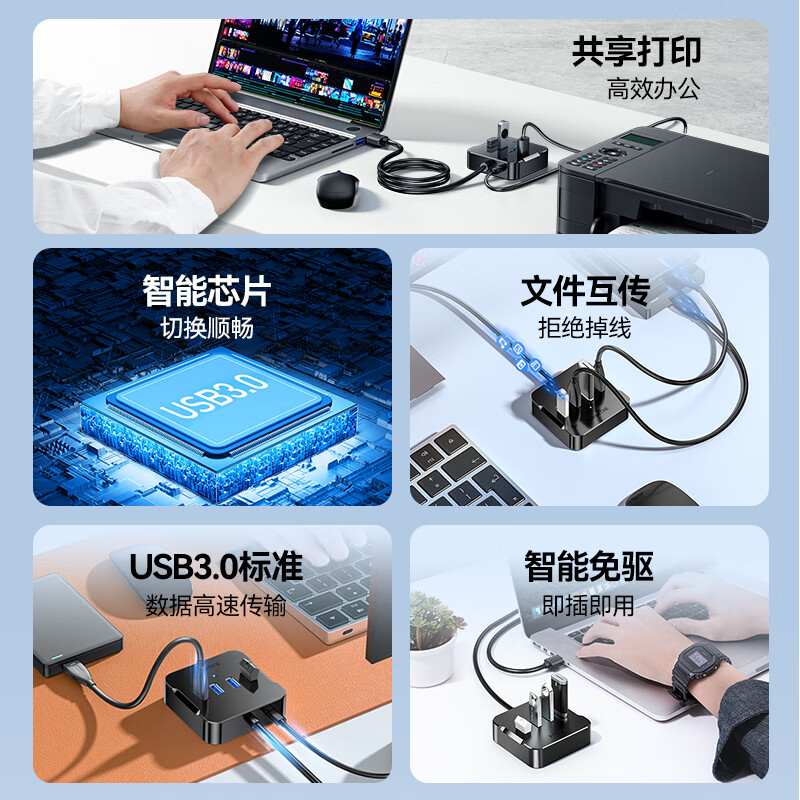 山泽 HUB02 USB分线器 3.0高速4口HUB扩展坞集线器一拖四转换器延长线带电源接口 1.5米黑色按个销售