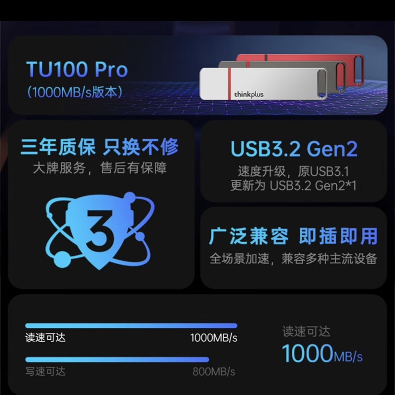 联想 TU100Pro系列 固态U盘 2T 读速高达1000Mb/s USB3.2