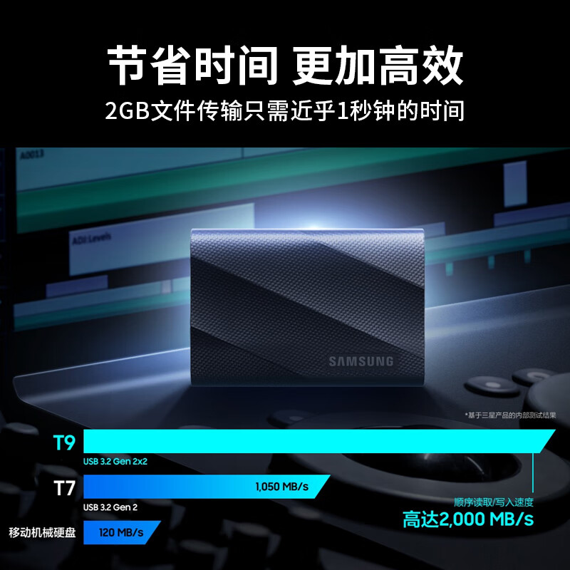 三星 T9 Type-c USB 3.2 移动固态硬盘（PSSD） 传输速度2000MB/s  4TB 玄影黑按个销售