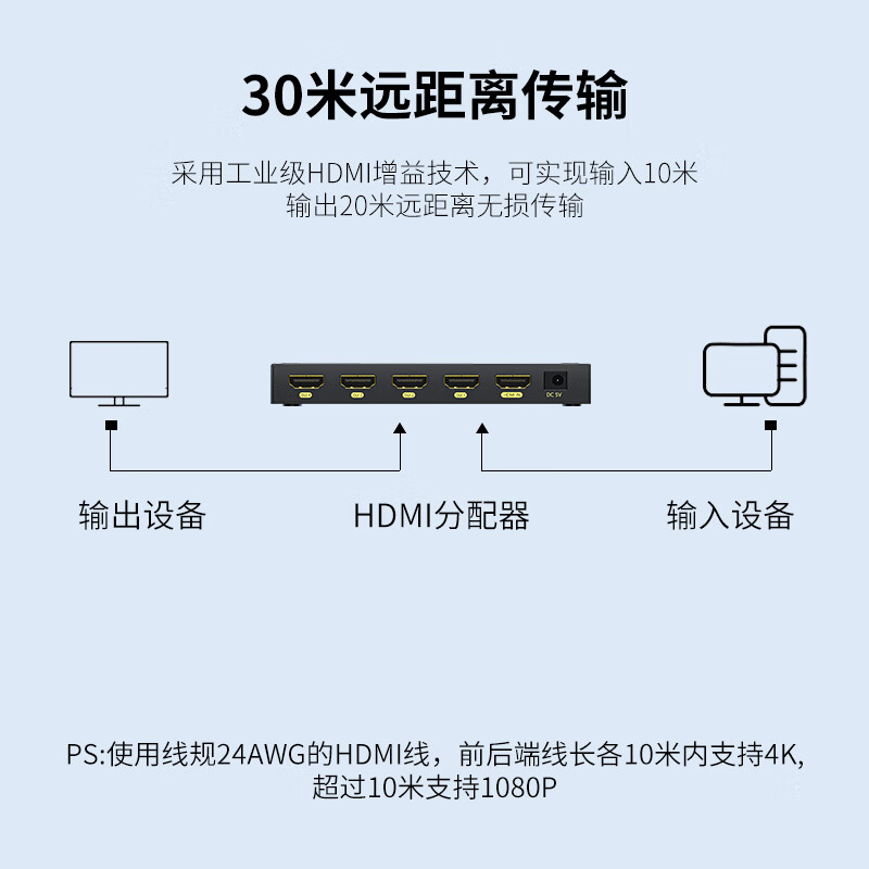 晶华 F131 笔记本电脑机顶盒连接电视显示器投影仪一分四 HDMI分配器 1进4出 4K/60Hz按个销售