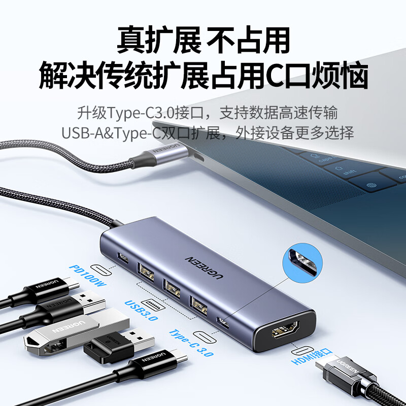 绿联 拓展坞 USB-C分线器雷电4扩展坞 六合一Type-C数据口+PD+4K投屏按个销售