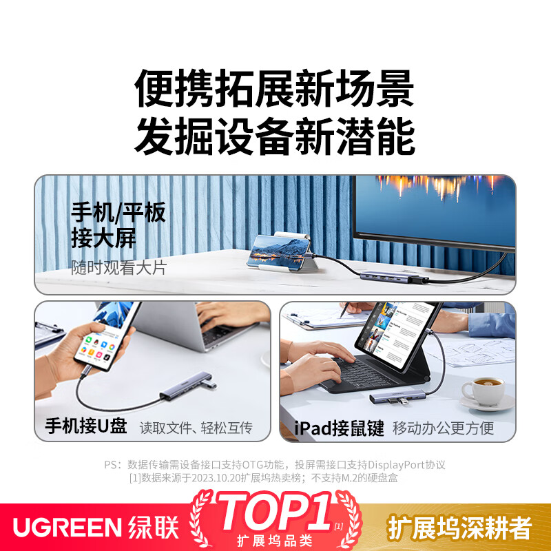 绿联 拓展坞 USB-C分线器雷电4扩展坞 六合一Type-C数据口+PD+4K投屏按个销售