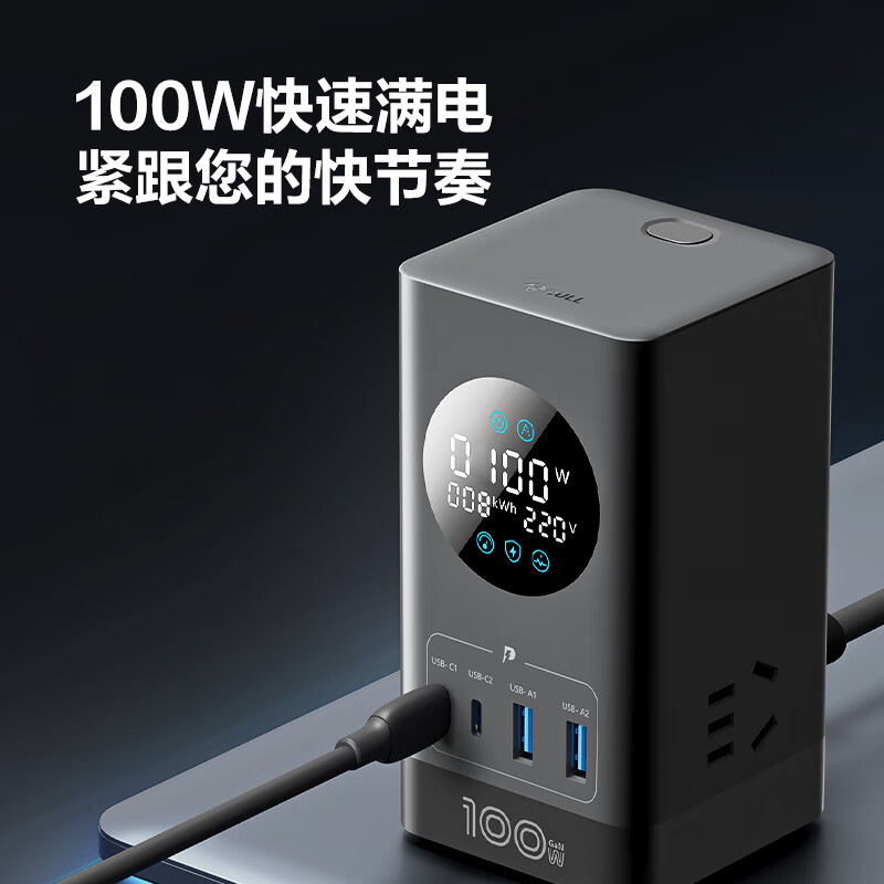公牛 GNV-ML1103 智能数显屏幕氮化镓100W快充插座 100W数显快充+7口输出灰按个销售