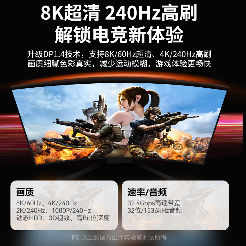 山泽 TP10 Type-C转DP1.4线雷电3/4转接头USB-C转换器 [8K/60Hz]合金1米按根销售