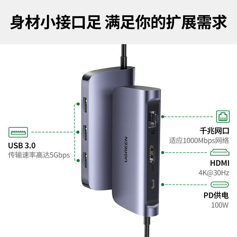 绿联 50771 Type-C扩展坞USB-C拓展坞分线器网线转接头 6合1[投屏+千兆]HDMI+HUB+PD按个销售