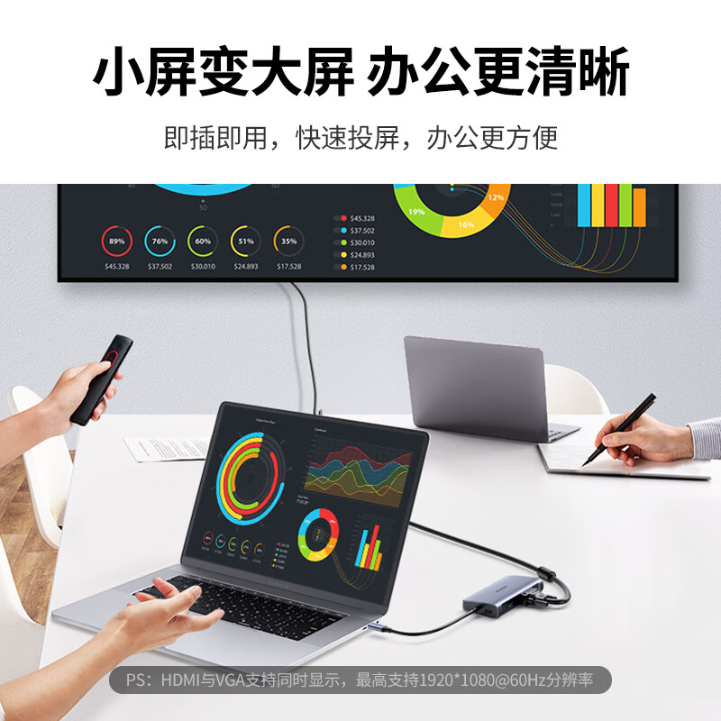 绿联 50319 Type-C扩展坞HDMI投影拓展坞VGA高清苹果转换器  6合1[VGA投屏]HDMI+USB3.0+PD按个销售