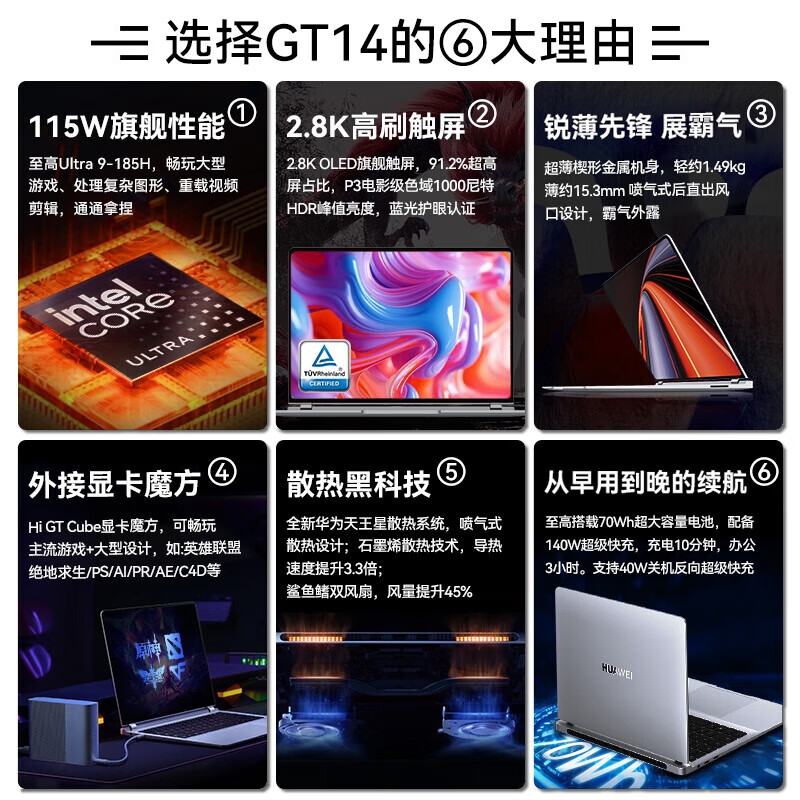 华为 MateBook GT 14 2024酷睿Ultra笔记本-ENZH-16【皓月银】 (14寸 U5-125H+16GB+1TB)触屏按台销售