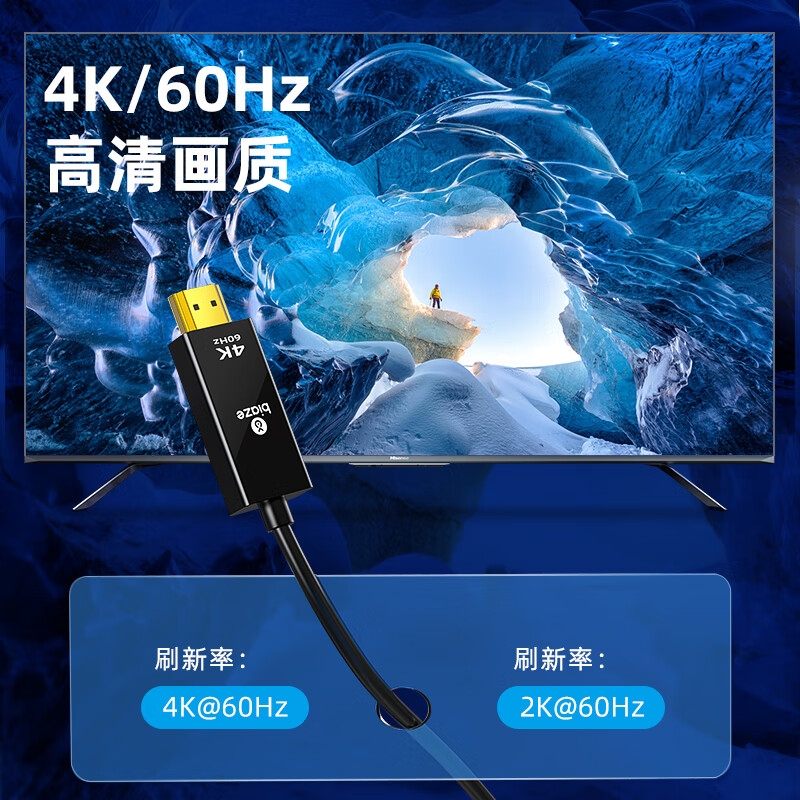 毕亚兹 ZH153 主动式Mini DP转HDMI2.0转换线 《4K60Hz》1.8米按根销售