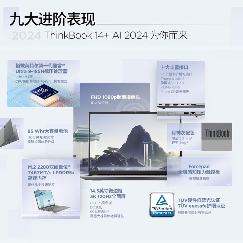 ThinkPad ThinkBook 14+ 2024 AI全能本 笔记本电脑  英特尔酷睿 3K 120Hz Ultra9 185H 14.5英寸 32G 1T按台销售