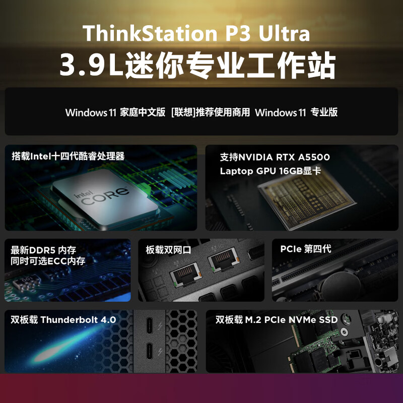 联想 ThinkStation P3 Ultra 迷你图形台式机工作站14代酷睿i9-14900 24核 64G内存I4T固态|RTXA2000-12G按台销售