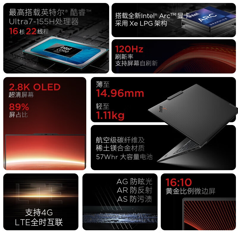 联想 ThinkPad X1 Carbon 23款 14英寸高端商用办公移动工作站 Ultra7-155H 32G 1T 2.8K按台销售