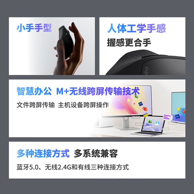 雷柏 MT550 中小手无线/蓝牙/办公鼠标 人体工学跨屏传输超长续航支持5台设备切换 黑色按个销售