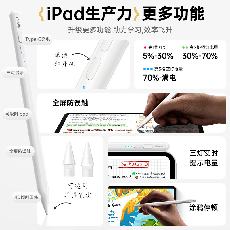 倍思 电容笔 通用24年Pro/Air6/5/4/Mini/iPad绘画触控手写笔 applepencil二代按根销售