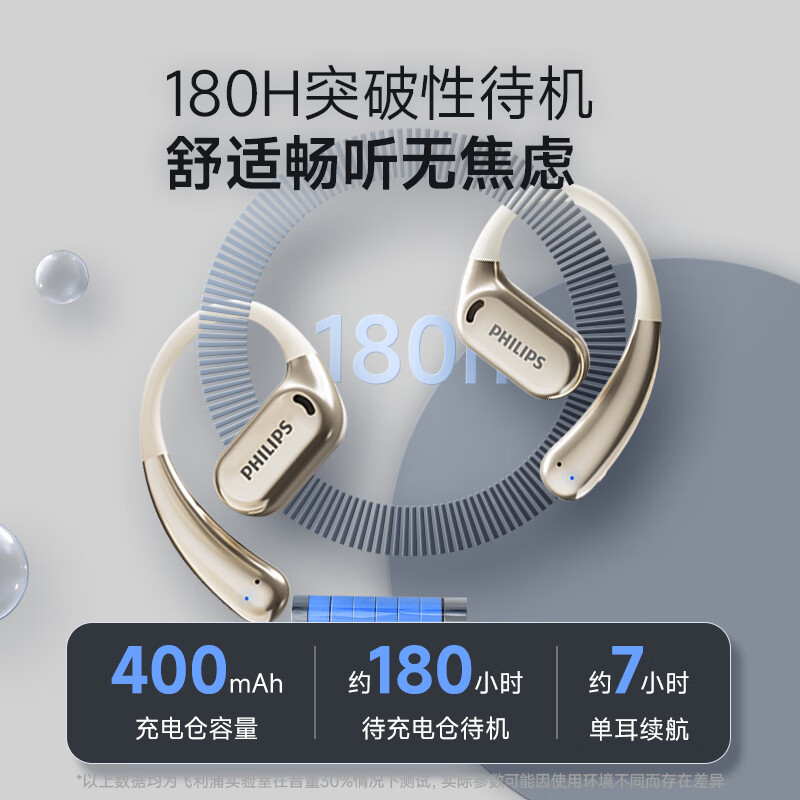 飞利浦 TAT3739 骨传导概念真无线挂耳开放式不入耳夹式运动跑步长续航降噪 舒适款|空间音效|燕麦白按副销售