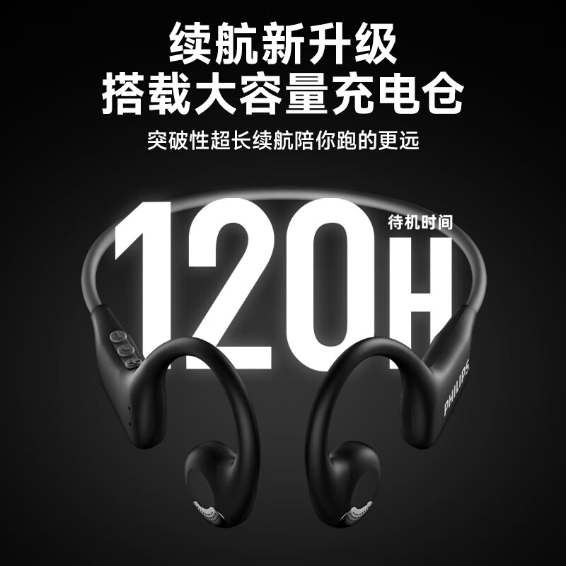 飞利浦 TAA1708 骨传导概念挂耳式真无线开放式不入耳夹式运动跑步蓝牙耳机 360°全景音-夜黑按副销售