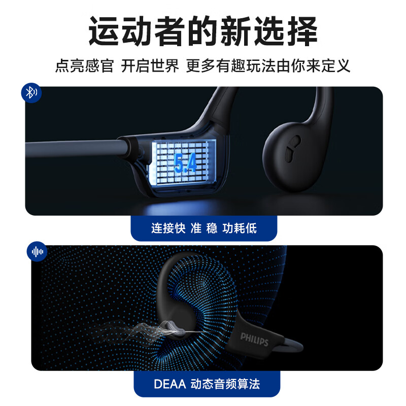 飞利浦 TAA1708 骨传导概念挂耳式真无线开放式不入耳夹式运动跑步蓝牙耳机 360°全景音-夜黑按副销售
