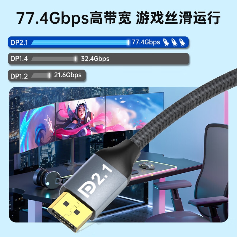 ULT-unite DP线2.1版 16K高清240/360Hz高刷兼容1.41.2笔记本连接线 编织1米按根销售