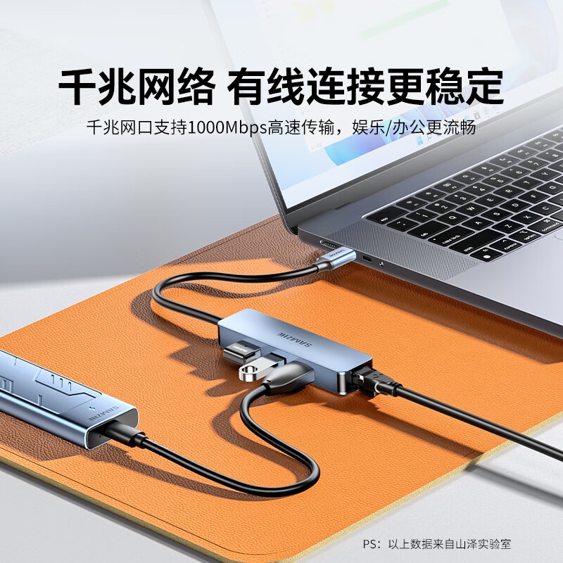 山泽 HWK08 Type-C转千兆网口扩展坞四合一分线器 4合1【千兆+USB3.0*3]按个销售