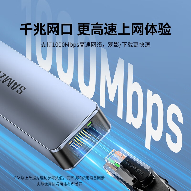 山泽 HWK08 Type-C转千兆网口扩展坞四合一分线器 4合1【千兆+USB3.0*3]按个销售