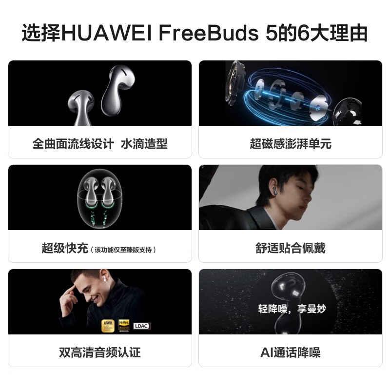 华为 FreeBuds 5 至臻版 半入耳式降噪蓝牙耳机 水滴设计/澎湃单元/音乐运动耳机 冰霜银按副销售