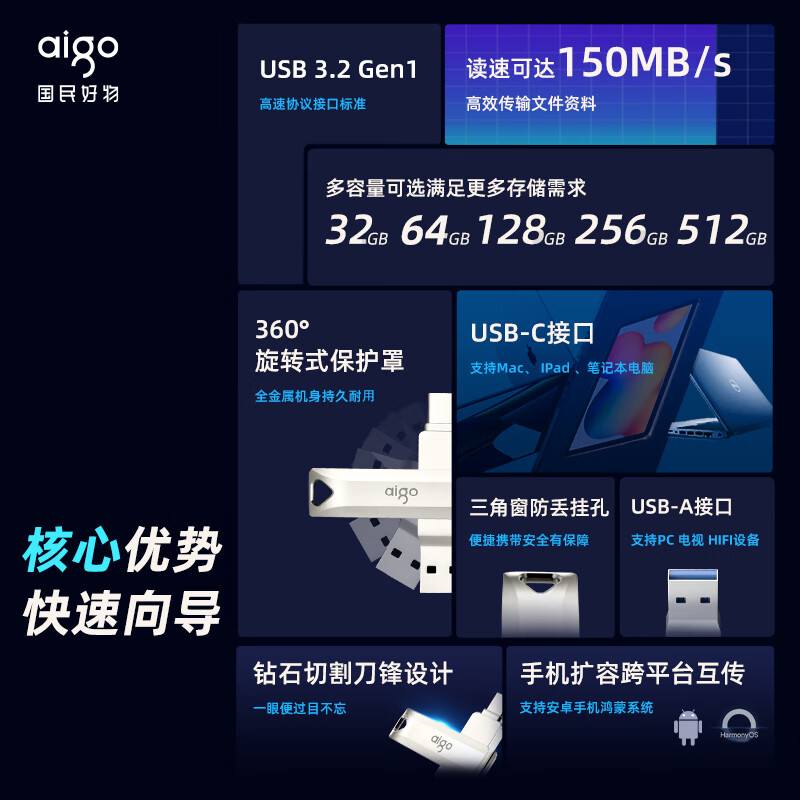 爱国者 U351 Type-C USB3.2 手机U盘高速读写款 读速高达150MB/S 256GB 银色按个销售