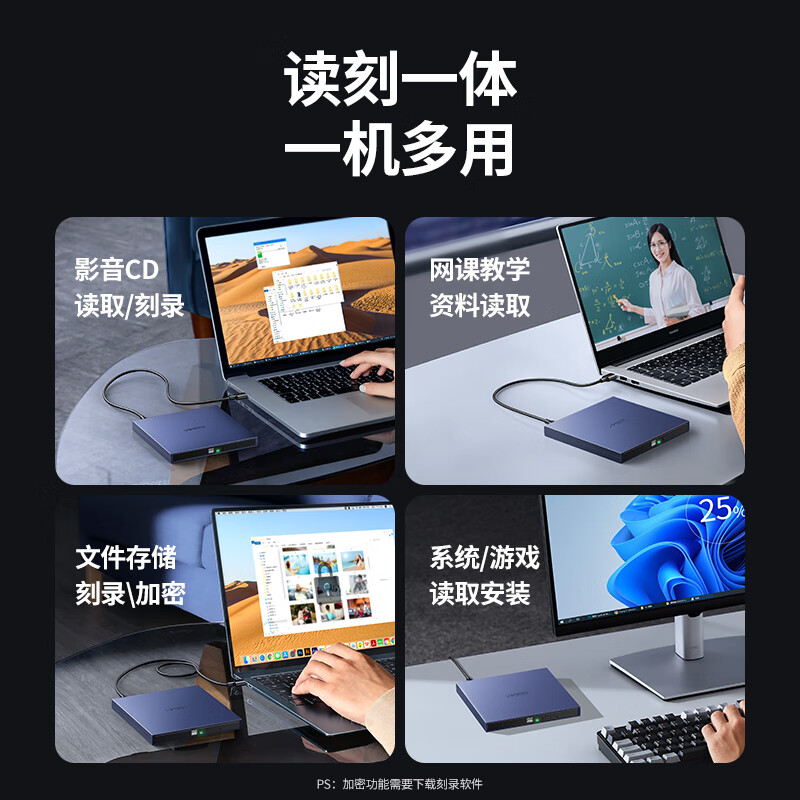 绿联 CM138 8倍速USB外置移动光驱光盘刻录机 USB接口 读写/刻录一体 DVD/CD/VCD通用按个销售