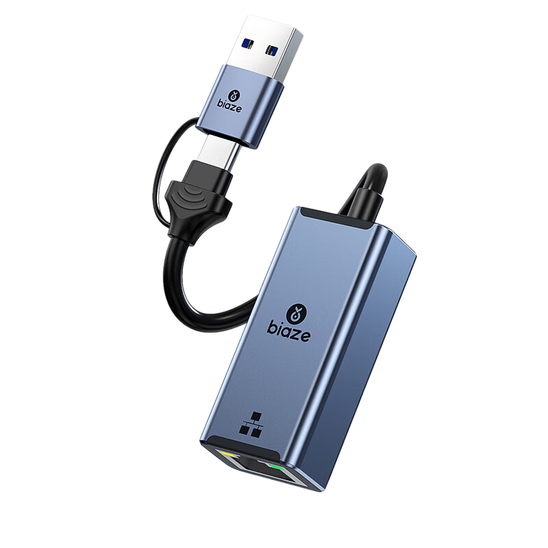 毕亚兹 ZH169 USB/Type-C转RJ45网线转接头 双口百兆有线网卡转换器免驱动按个销售