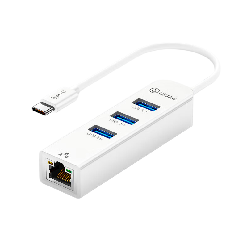 毕亚兹 ZH296 拓展RJ45网线接口HUB转换器 Type-C转网口+USB3按个销售