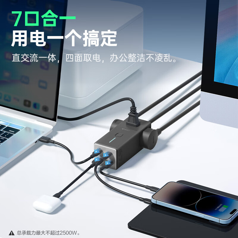 公牛 MC1673 氮化镓67W充电器快充笔记本插座多功能USB插线板便携插排 2C2A+3孔位按个销售