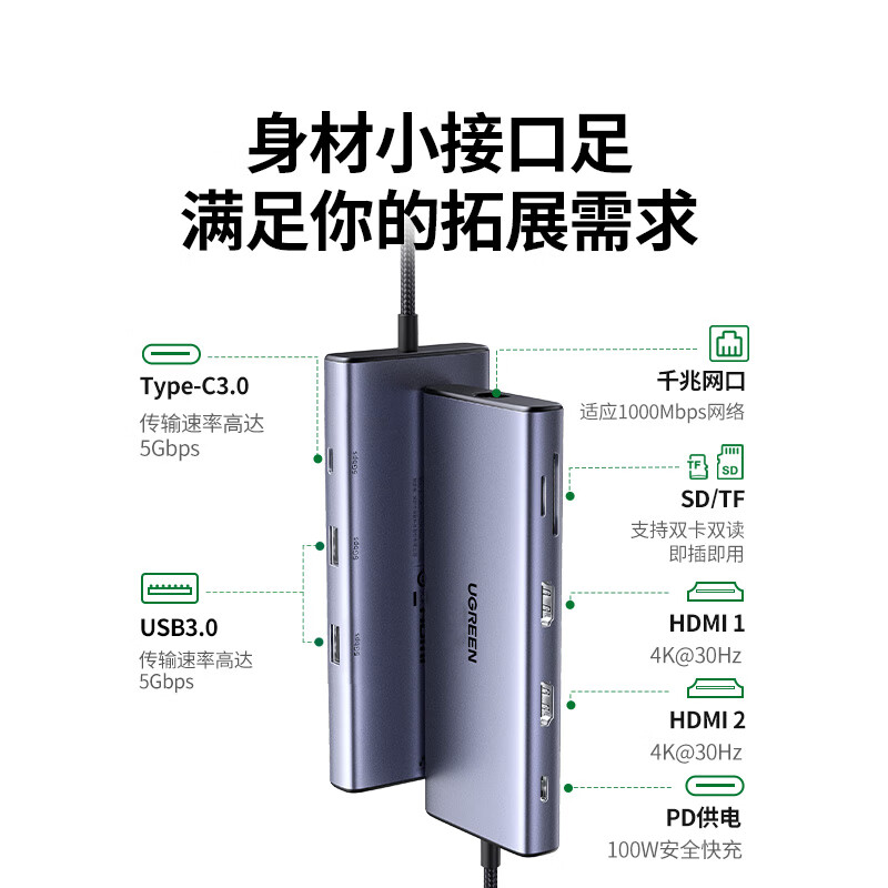 绿联 45108 Type-C扩展坞USB-C转双HDMI雷电4/5拓展坞分屏4K多屏剪辑扩展 HUB3.0分线器 9合1 Win三屏异显 双HDMI按个销售