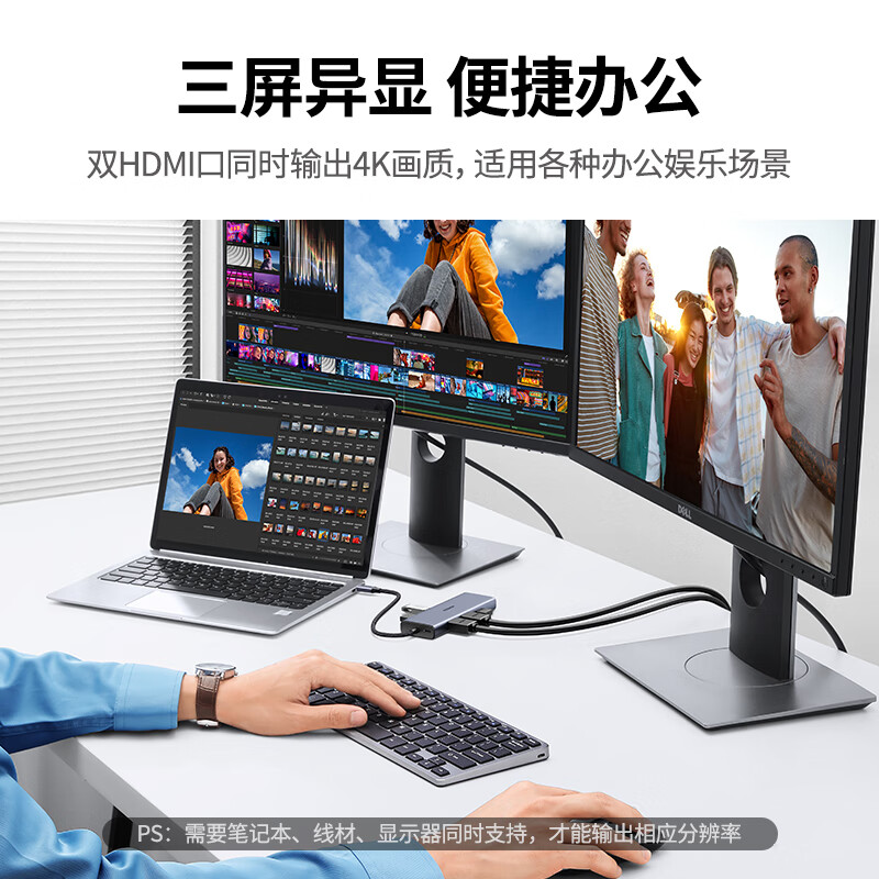 绿联 90119 Type-C扩展坞USB-C转双HDMI雷电4拓展坞4K60Hz分屏器 9合1升级 Win三屏异显 双HDMI按个销售