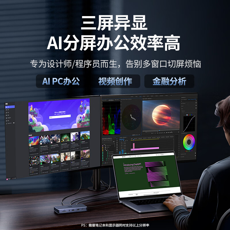 绿联 15965 Type-C3.2扩展坞雷电4拓展坞10Gbps转接头多屏 144Hz高刷11合1 Win三屏异显 8K双HDMI按个销售