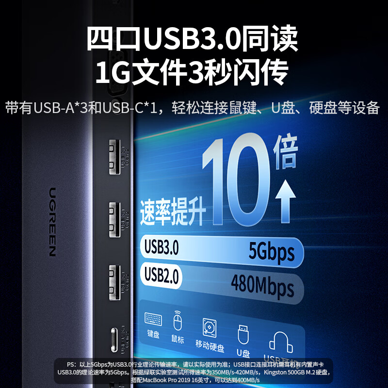 绿联 60571 Type-C电脑桌USB-C转投屏VGA网线转接头音频 11合1 支架扩展坞 HDMI+网口按个销售